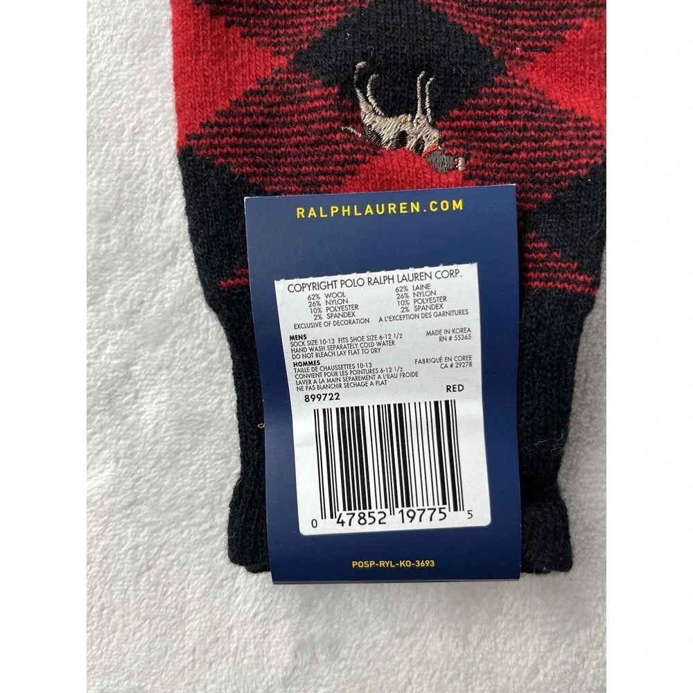 POLO RALPH LAUREN Sock Men Size 10-13 Hunting Dog Embroidered Red Diamond Check